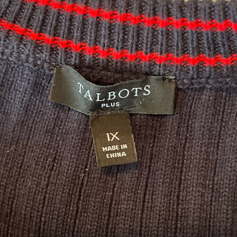 Talbots Navy Blue Cardigan with Red Trim pearl button v-neck - Picture 10 of 10